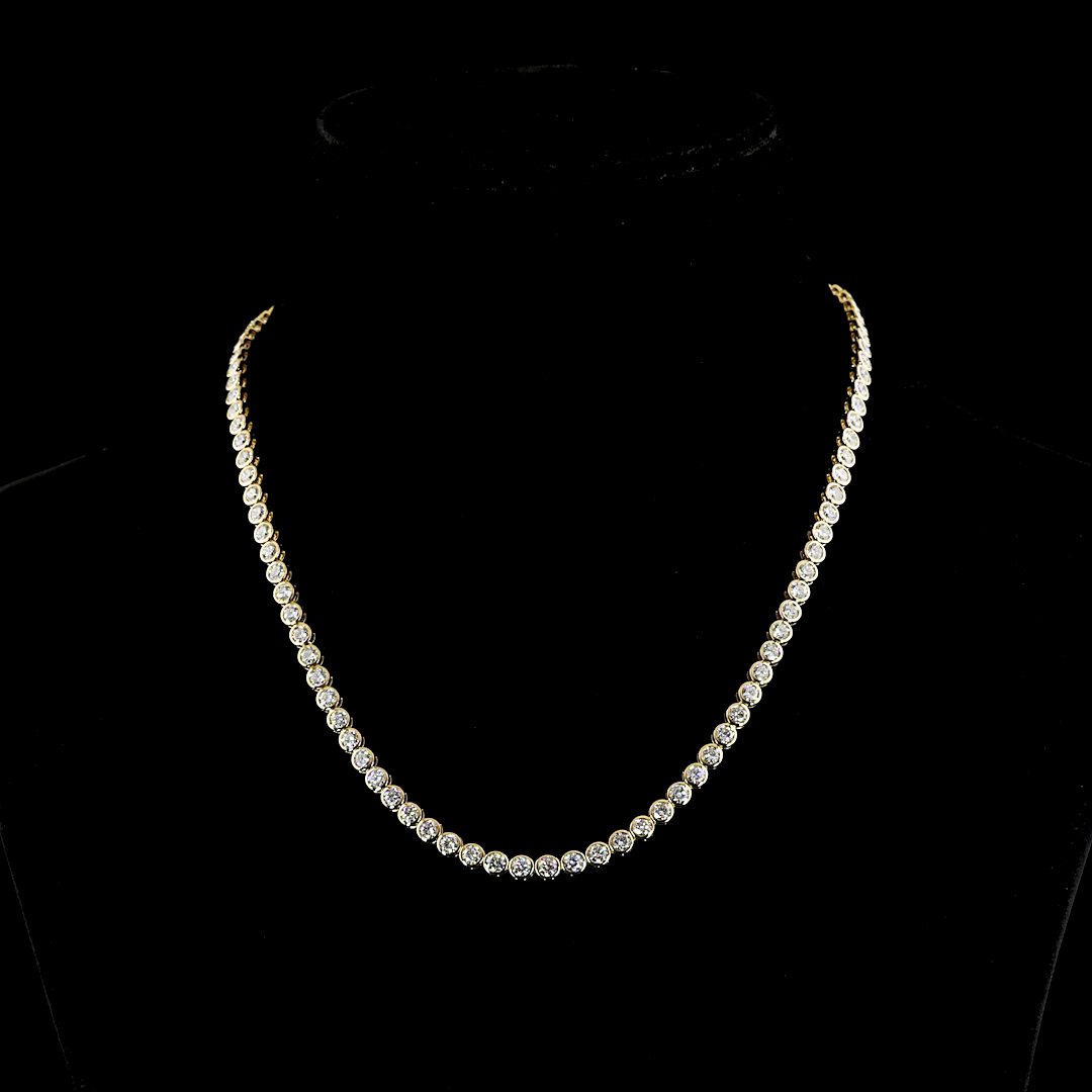 9.94 CTTW Bezel Set Round Lab Diamonds Tennis Necklace 16" 14k Yellow Gold