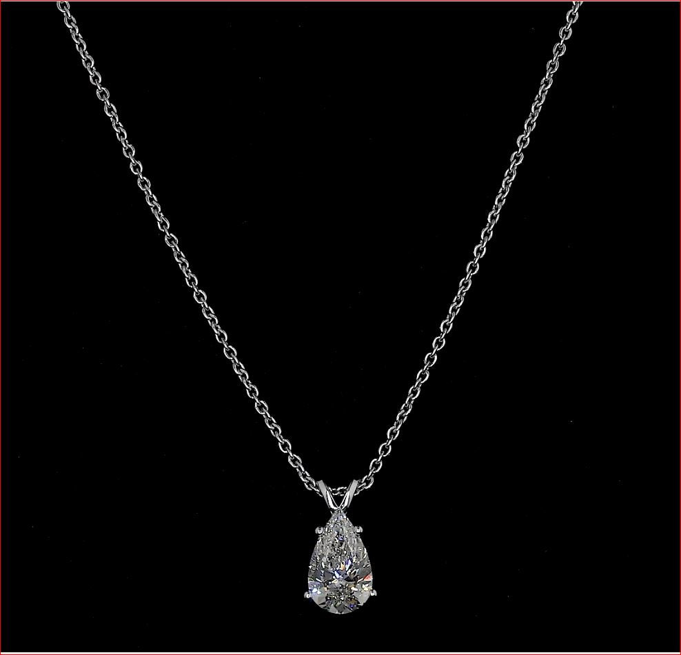 14k White Gold Lab Diamond Pear 1.57 CT Solitaire Pendant 18" H VS2