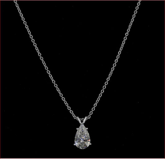 14k White Gold Lab Diamond Pear 1.57 CT Solitaire Pendant 18" H VS2