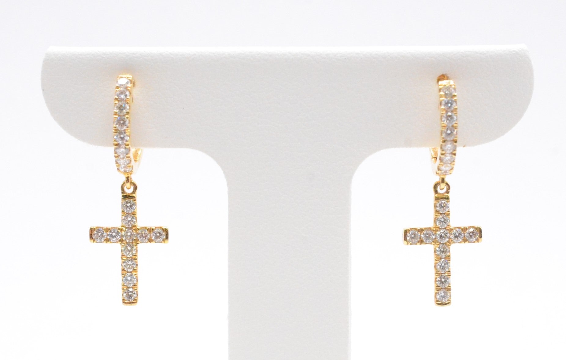 0.65 cttw Diamond Dangle Cross Huggie Earrings 14K Yellow Gold Hoops & Huggies
