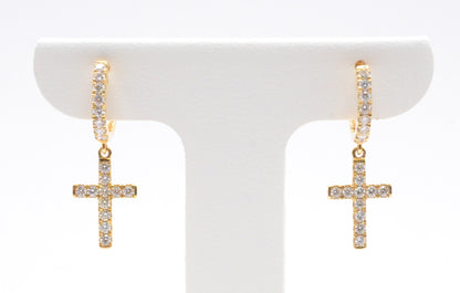 0.65 cttw Diamond Dangle Cross Huggie Earrings 14K Yellow Gold Hoops & Huggies