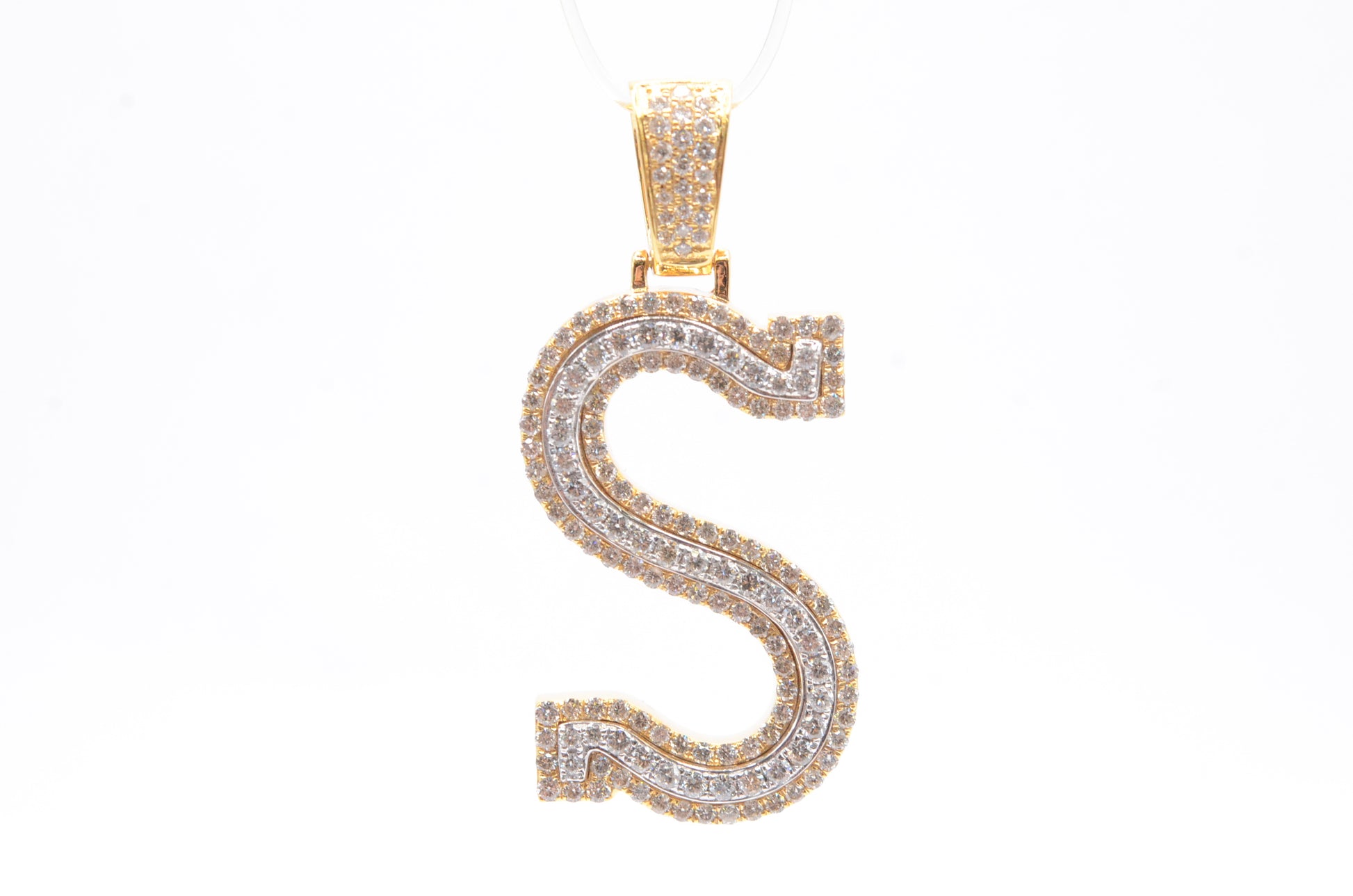 1.6" 1.50 cttw Diamond Block Letter "S" Pendant 14K Two-Tone Gold Letters & Numbers