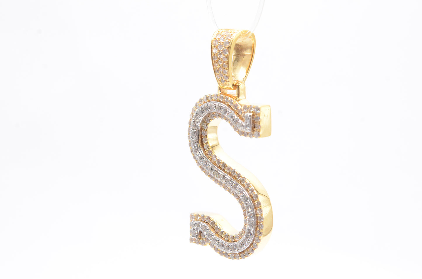 1.6" 1.50 cttw Diamond Block Letter "S" Pendant 14K Two-Tone Gold Letters & Numbers