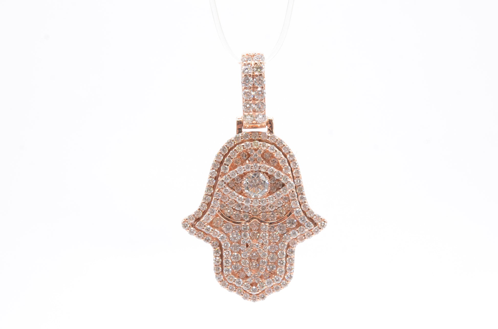 1.5" 1.60 cttw Diamond 3D Hamsa Pendant 14K Rose Gold Hamsa