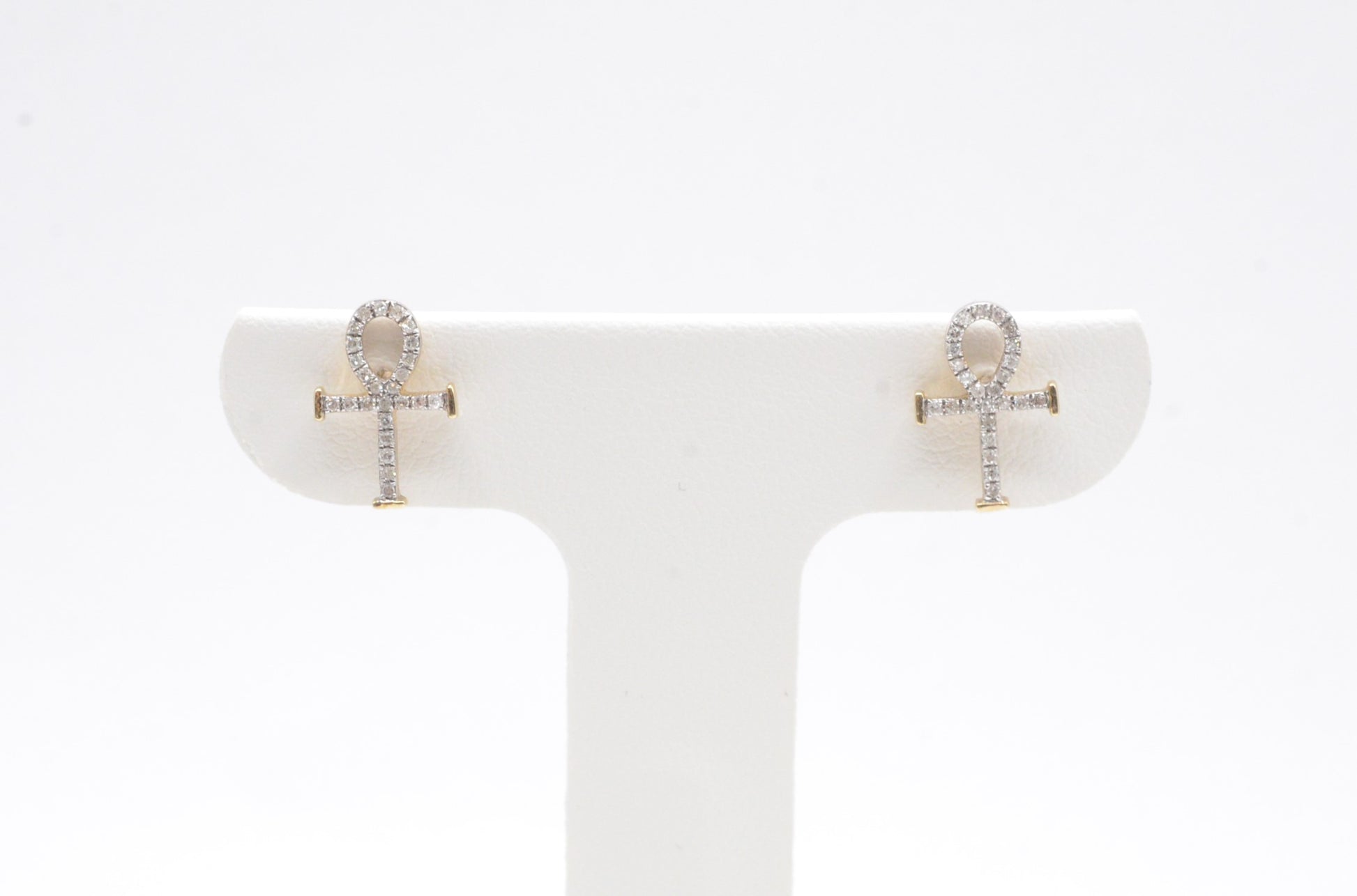 0.15 cttw Micro Ankh Cross Diamond Stud Earrings 10K Yellow Gold Cluster Studs