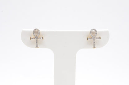 0.15 cttw Micro Ankh Cross Diamond Stud Earrings 10K Yellow Gold Cluster Studs