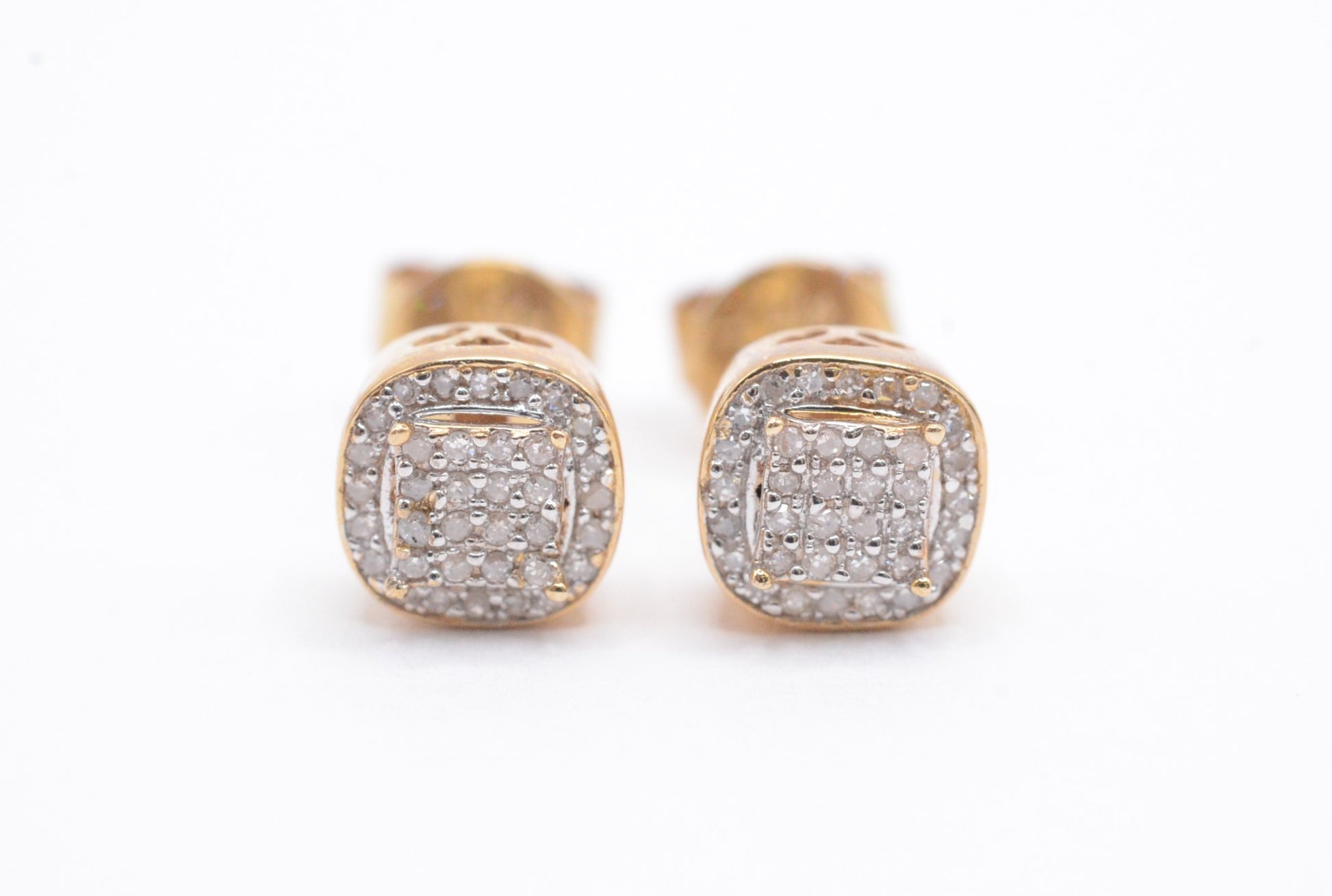 0.20 cttw Micro Pave Diamond Square Cluster Earrings 10K Yellow Gold Cluster Studs