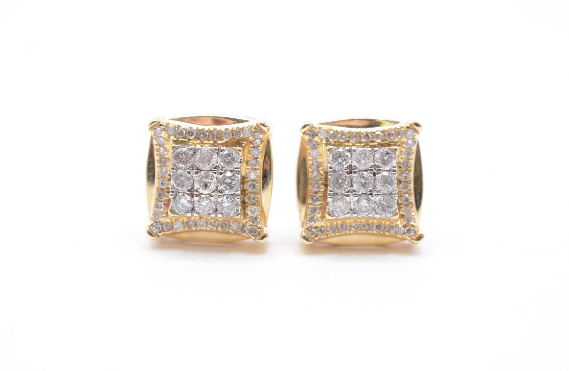 0.50 cttw 3-D Square Diamond Stud Earrings 10K Yellow Gold Cluster Studs