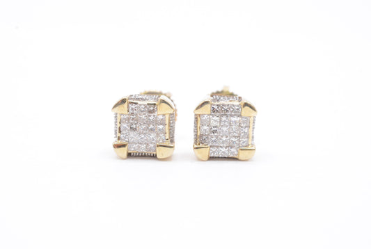 0.50 cttw Dice Princess Diamond Stud Earrings 10K Yellow Gold Cluster Studs