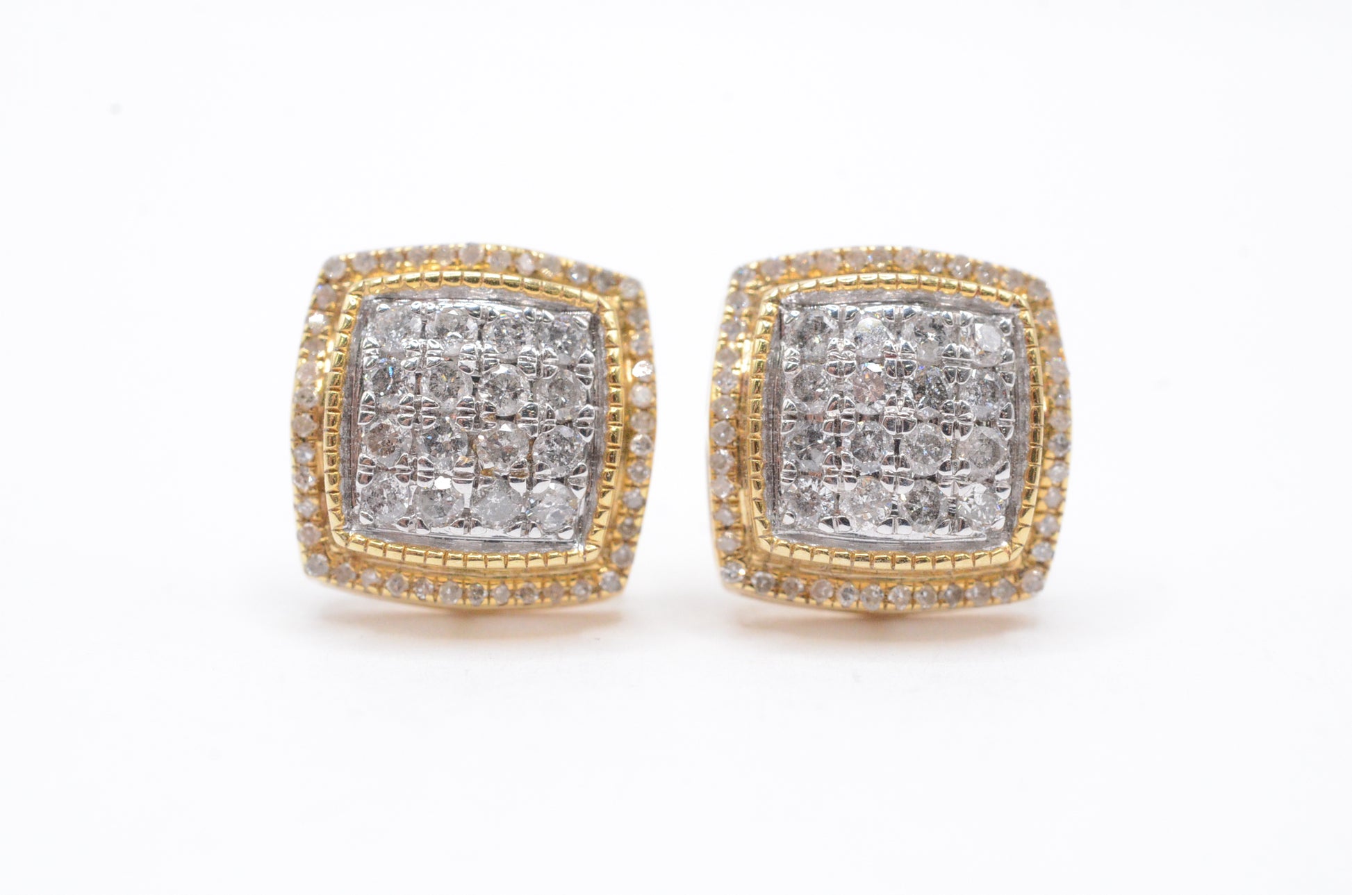 0.75 cttw 3-D Square Diamond Stud Earrings 10K Yellow Gold Cluster Studs