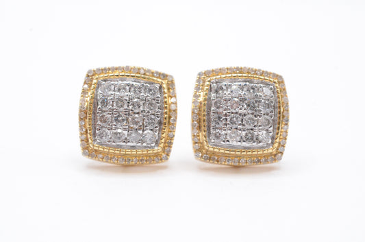 0.75 cttw 3-D Square Diamond Stud Earrings 10K Yellow Gold Cluster Studs