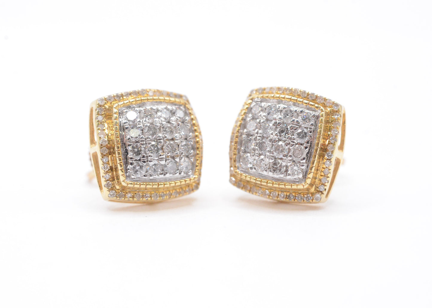 0.75 cttw 3-D Square Diamond Stud Earrings 10K Yellow Gold Cluster Studs