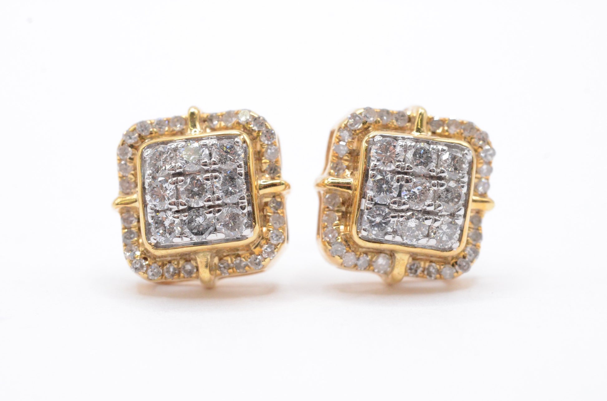 1.00 cttw Diamond 3-D Dome Square Cluster Earrings 10K Yellow Gold Cluster Studs