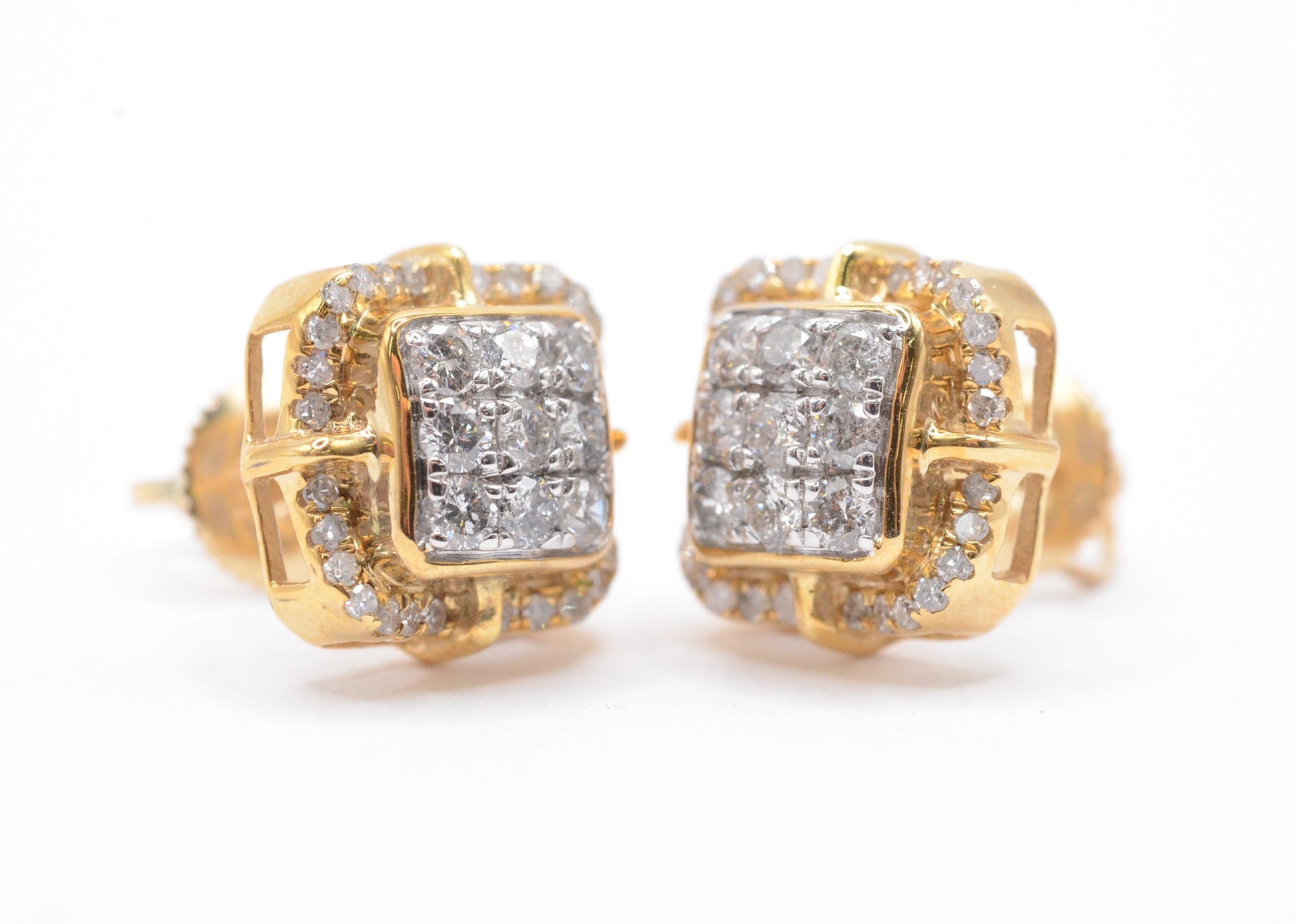 1.00 cttw Diamond 3-D Dome Square Cluster Earrings 10K Yellow Gold Cluster Studs