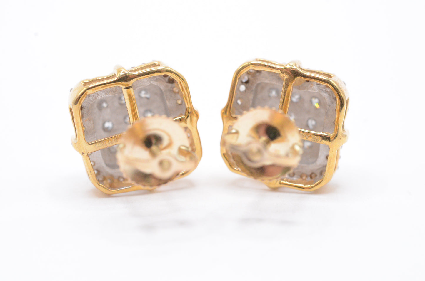 1.00 cttw Diamond 3-D Dome Square Cluster Earrings 10K Yellow Gold Cluster Studs