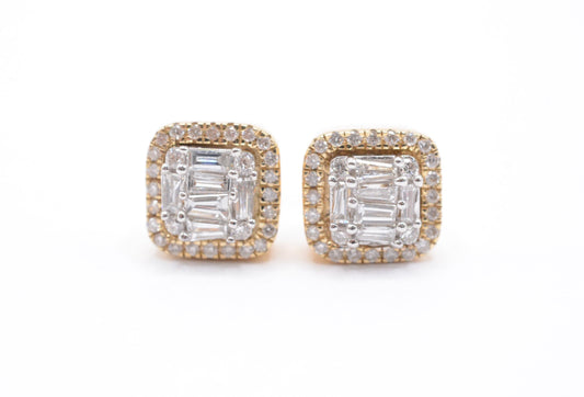 0.50 cttw Baguette Diamond Halo Cluster Earrings 14K Yellow Gold Cluster Studs