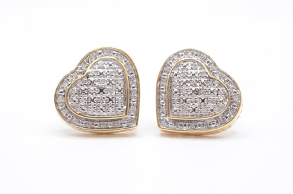 0.15 cttw 3-D Heart Shaped Diamond Cluster Earrings 10K Yellow Gold Cluster Studs