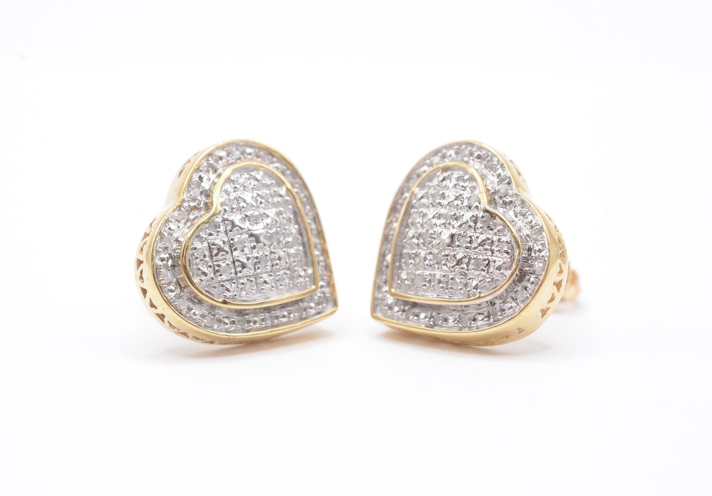 0.15 cttw 3-D Heart Shaped Diamond Cluster Earrings 10K Yellow Gold Cluster Studs