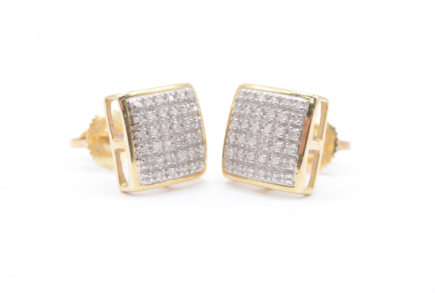 0.20 cttw Square Dome Diamond Stud Earrings 10K Yellow Gold Cluster Studs