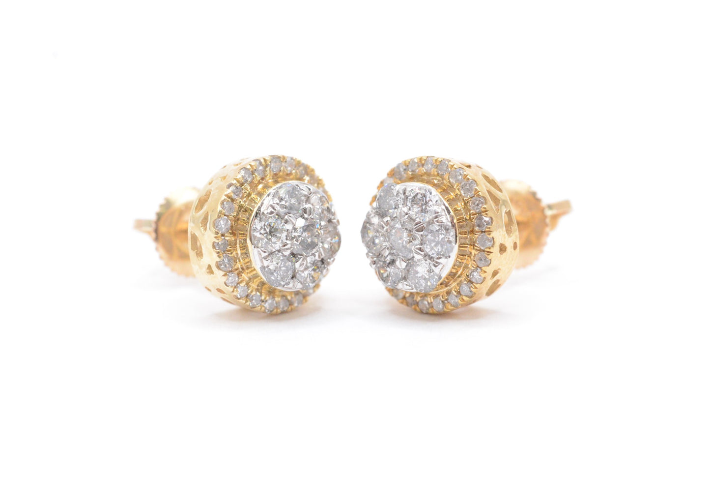 1.05 cttw 3-D Round Dome Diamond Stud Earrings 10K Yellow Gold Cluster Studs