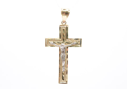 2.25" Engraved Crucifix Pendant 14K Two-Tone Gold Crosses