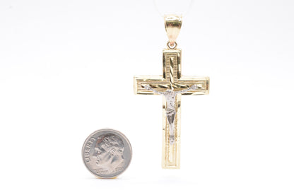 2.25" Engraved Crucifix Pendant 14K Two-Tone Gold Crosses