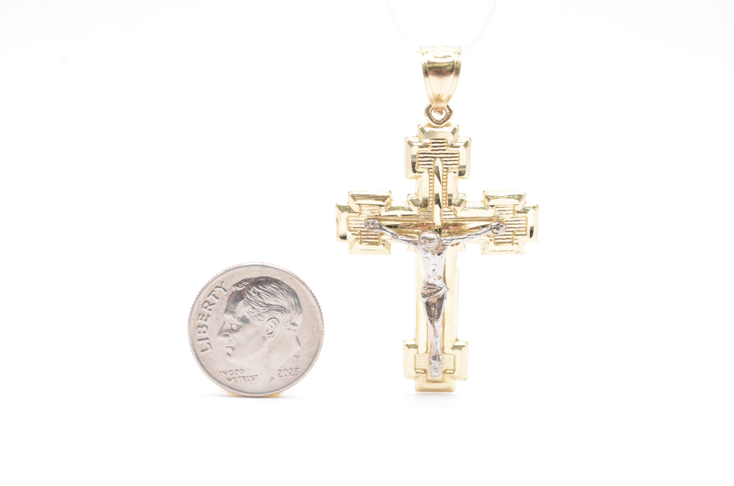 1.75" Engraved Crucifix Pendant 14K Two-Tone Gold Crosses