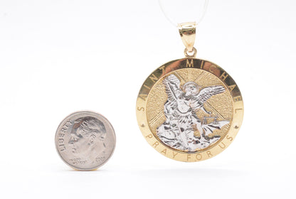 1.5" Round Saint Michael Pendant 14K Yellow/White Gold Religious