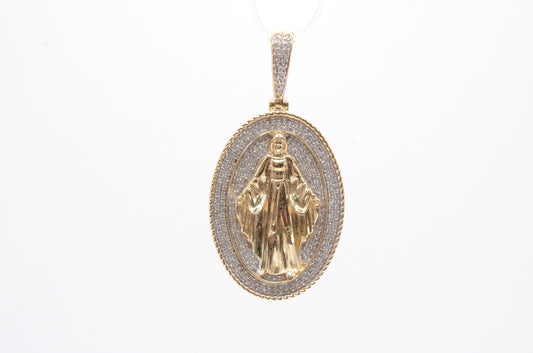 1.75" 0.65 cttw Virgin Mary Diamond Pendant 10K Yellow Gold Religious