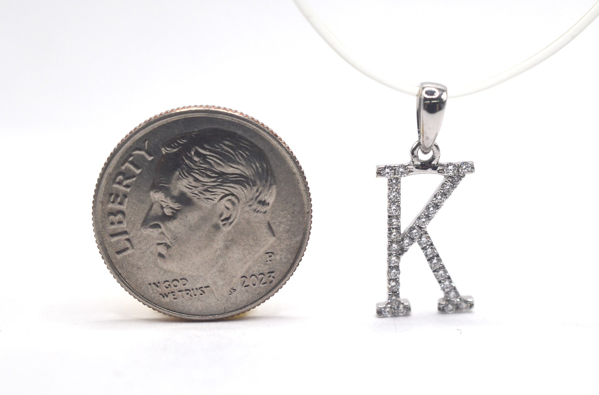 0.75" 0.20 cttw Diamond Initial Pendant "K" 14K White Gold Letters & Numbers