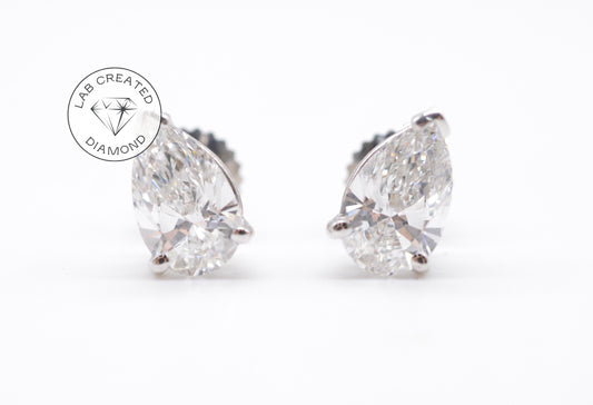 2cttw Pear Shape Lab Diamond Stud Earrings 14K White Gold Lab Diamond Studs