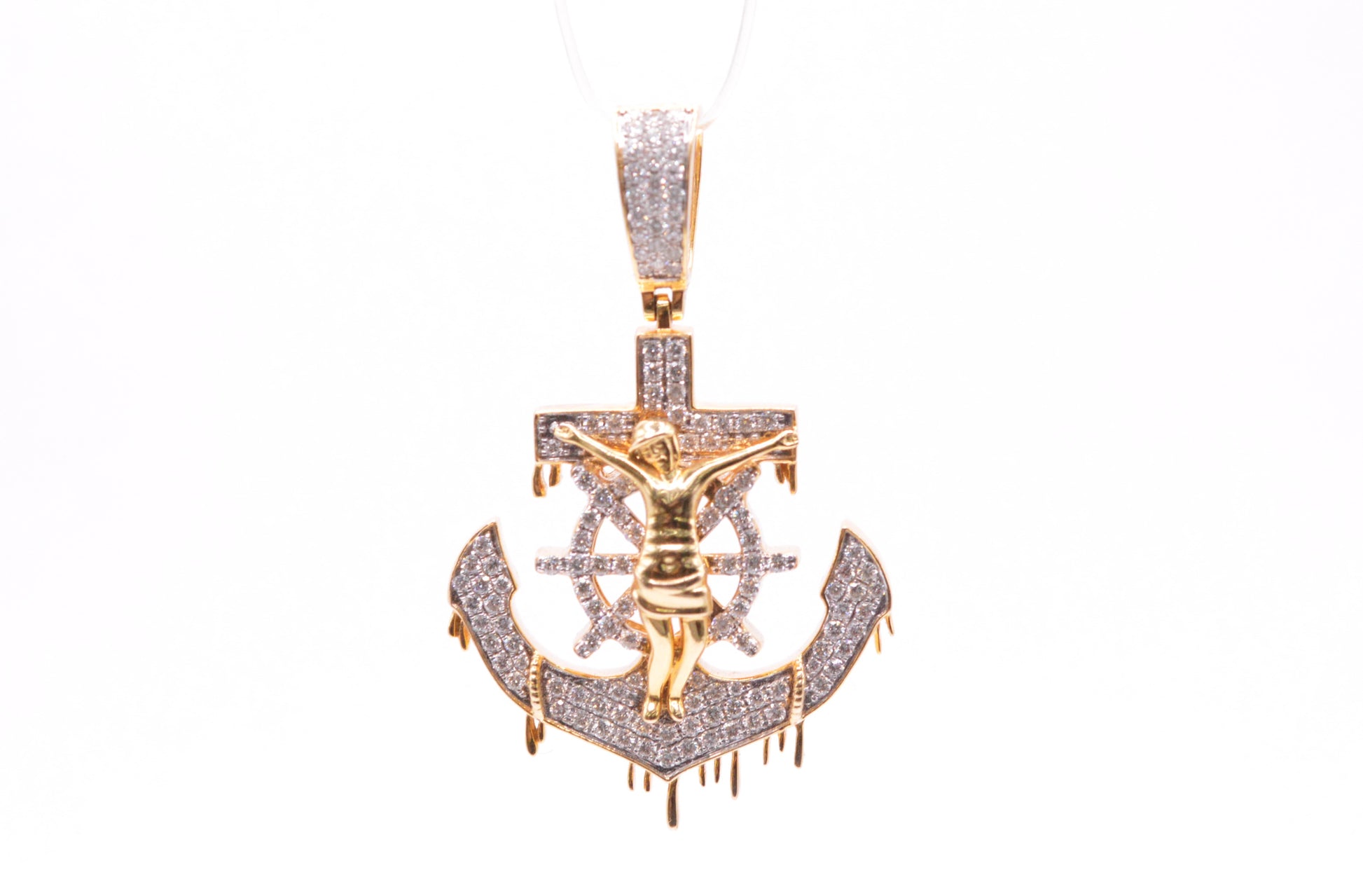 1.35 cttw Diamond Dripping Anchor Cross Pendant 10K Yellow Gold Crosses